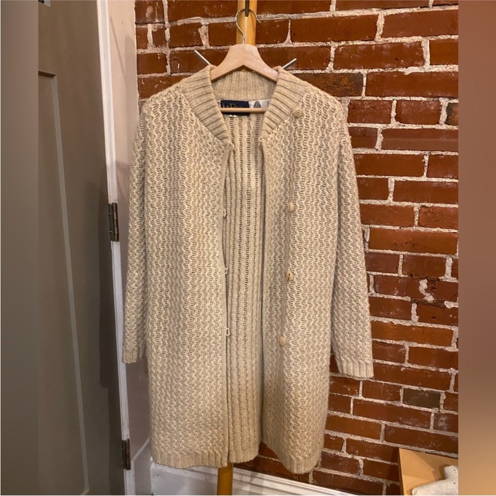 Vintage 100% Wool Long Cardigan LeRoy Knitwear in Tan Size Medium